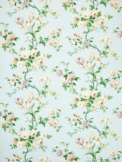 Pastel blue background with cream roses and green vines in a delicate floral pattern.