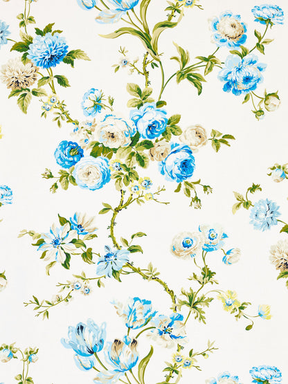 Botanical Garden fabric with blue & ivory roses and green vines on a cream background.