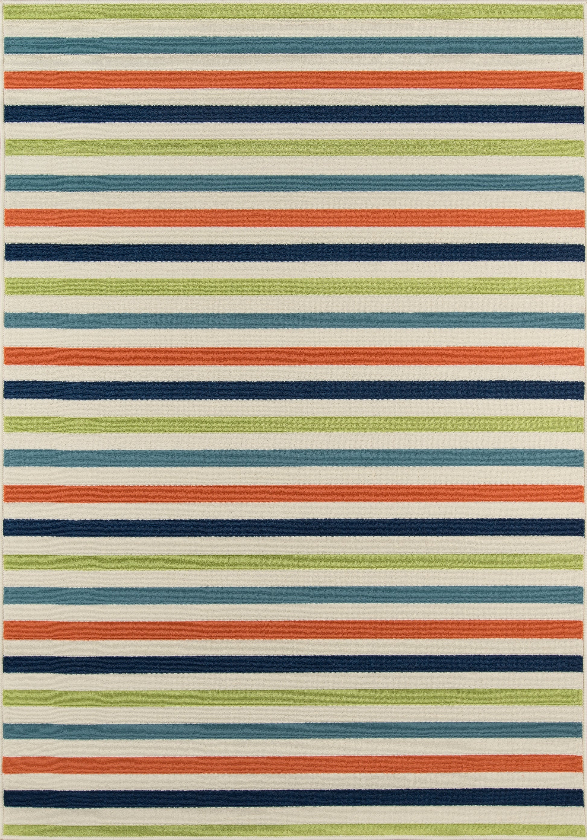 Colorful striped rug with horizontal bands of lime green, orange, navy, teal and cream.