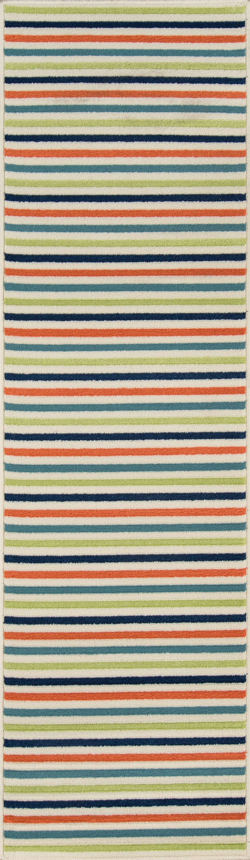 Long woven textile rug with multicolor horizontal stripes in navy, teal, orange, olive and cream.