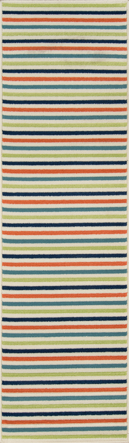 Long rug runner with narrow horizontal stripes in orange, blue, green, white and beige, woven casual coastal style.