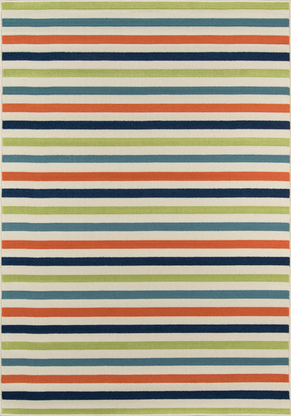 Rectangular flat-weave rug with lime green, teal, navy, orange and cream striped bands.