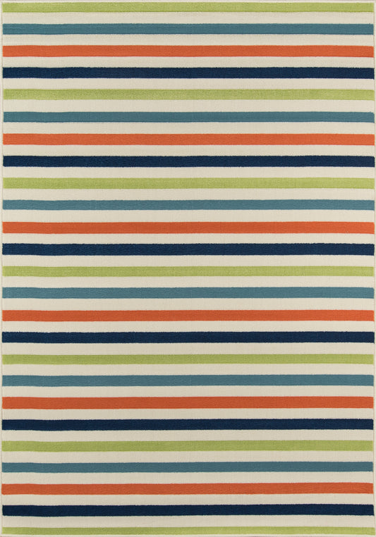 Rectangular flat-weave rug with lime green, teal, navy, orange and cream striped bands.