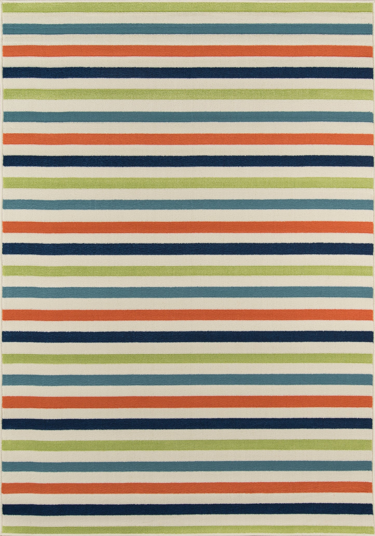 Rectangular striped rug with lime green, teal, orange, navy & cream bands; woven texture, casual coastal style.