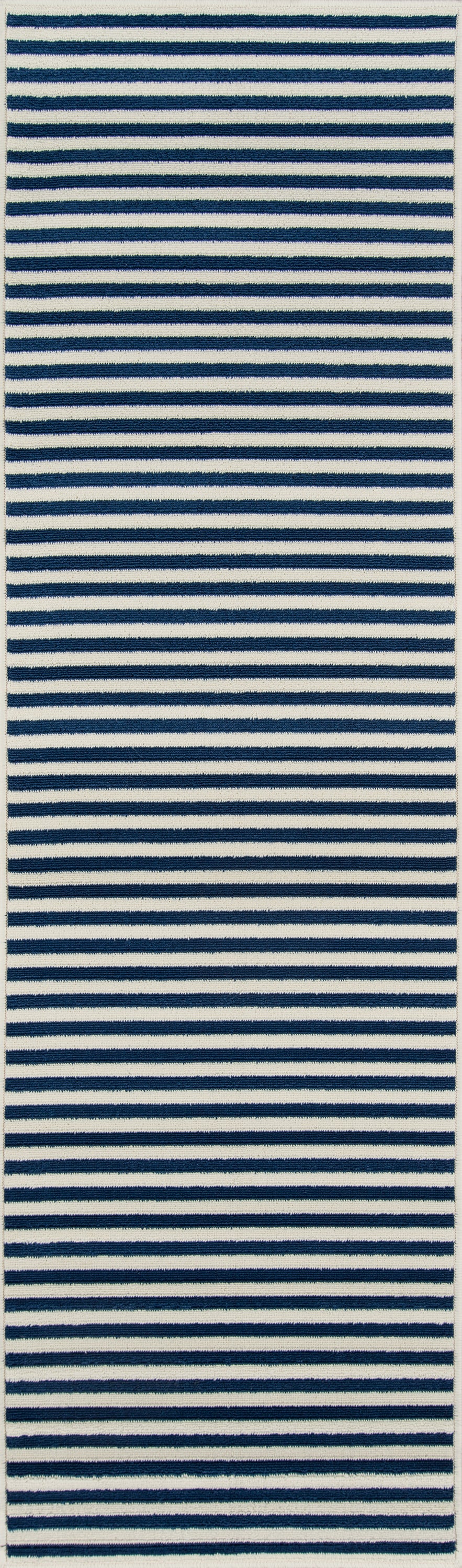 Navy and white striped woven rug, long hallway runner with nautical coastal style.