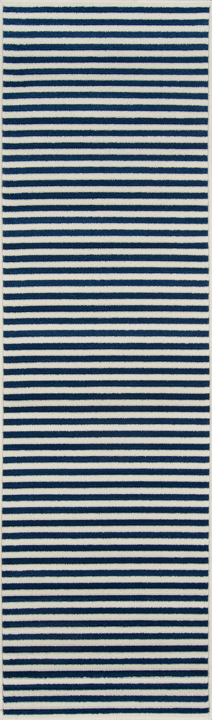 Navy and white striped woven rug, long hallway runner with nautical coastal style.