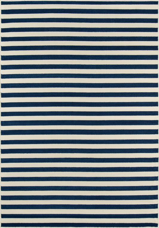 Navy and off-white striped rug with even horizontal bands; rectangular coastal decor, soft textured weave.