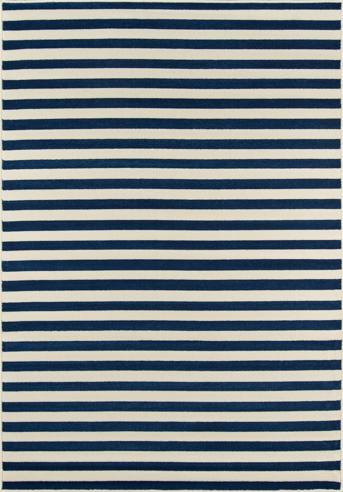 Navy blue and white striped rug with even horizontal bands, rectangular coastal-style floor rug.
