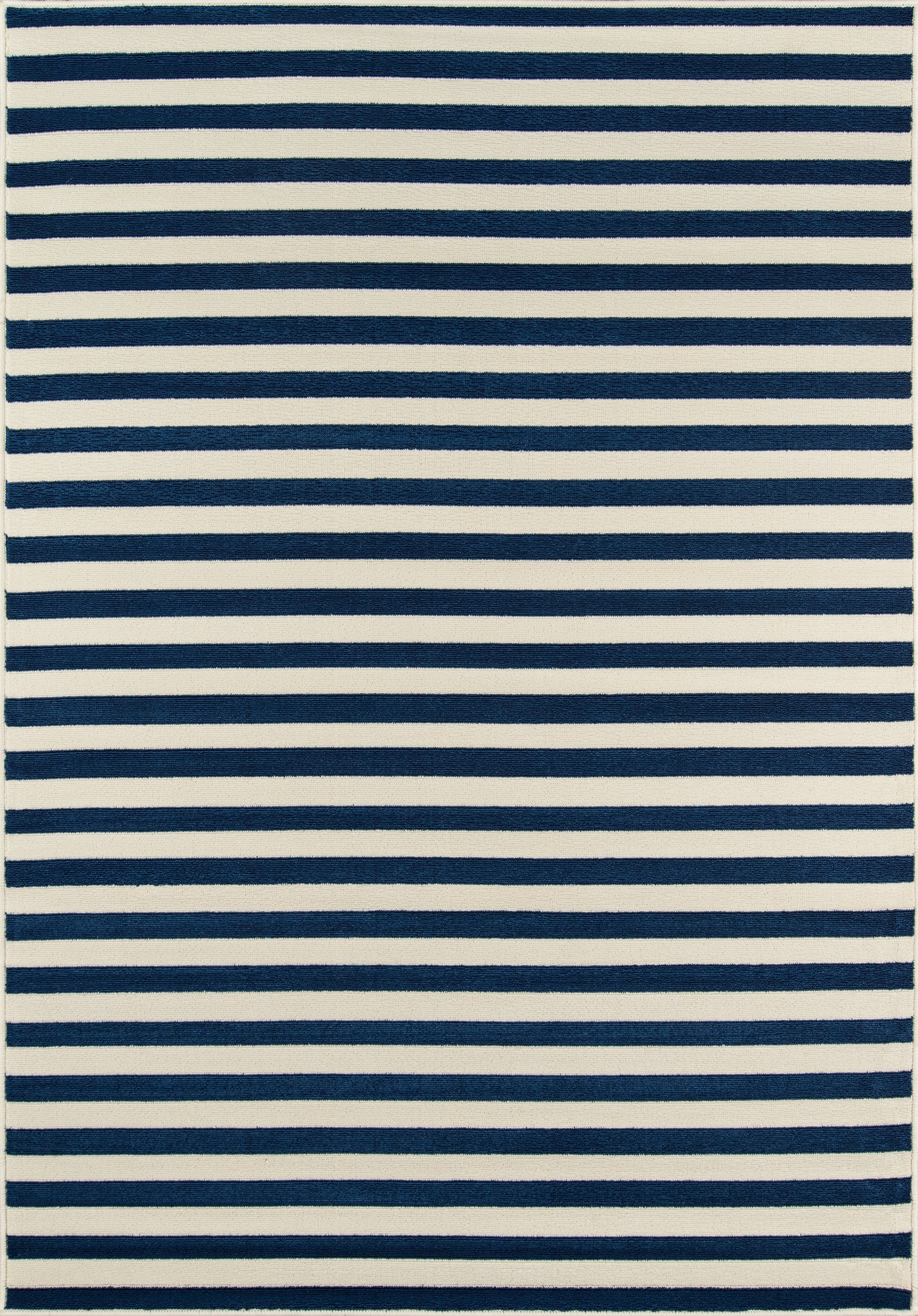 Navy blue and white striped rug with even horizontal bands, rectangular coastal-style floor rug.