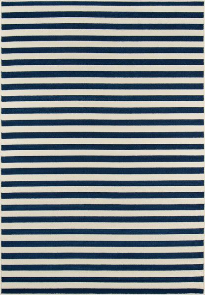 Navy blue and white striped rug with even horizontal bands, rectangular coastal-style floor rug.