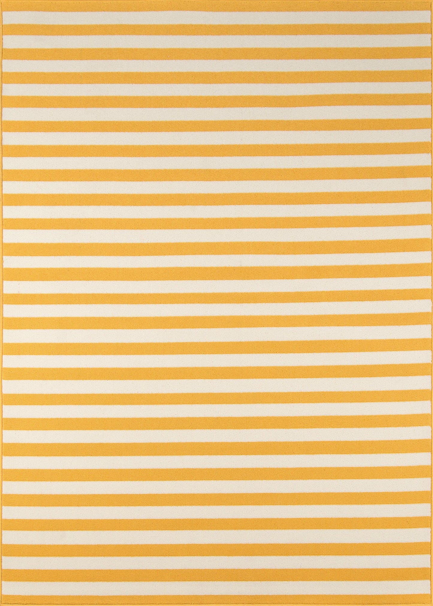 Rectangular rug with yellow-orange and white horizontal stripes, bordered in yellow.