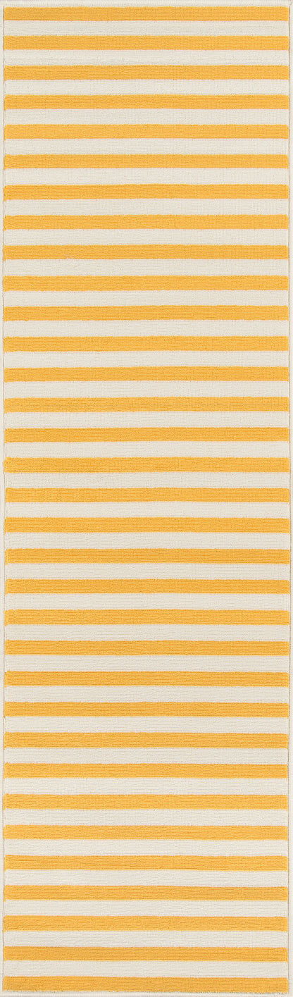 Yellow and white horizontal striped rectangular rug, 2' x 4'.