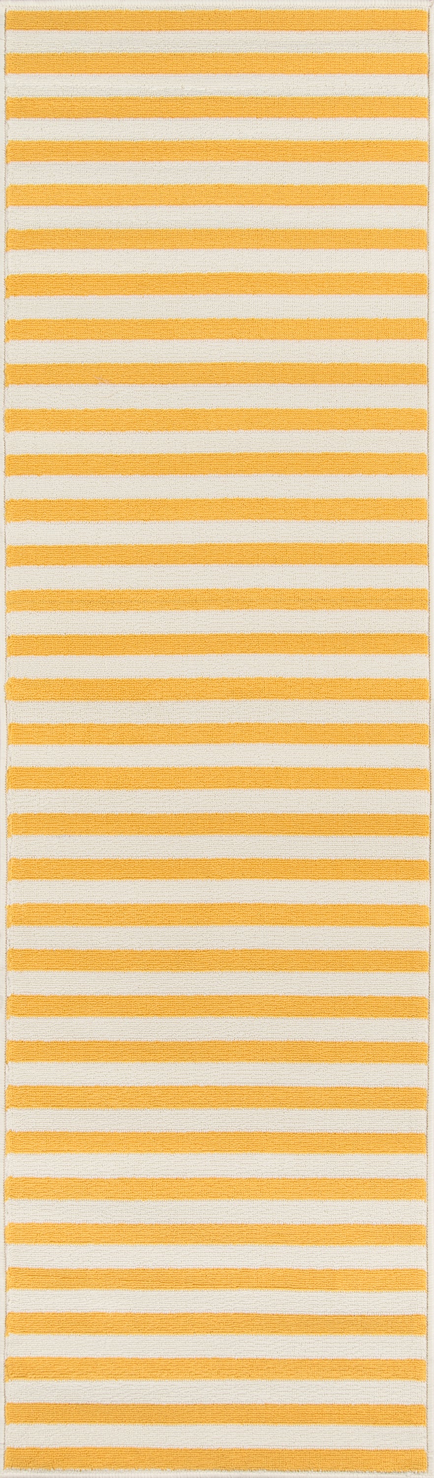 Narrow striped rug with white background and horizontal mustard-yellow bands; lightweight rug, 9' x 13'.