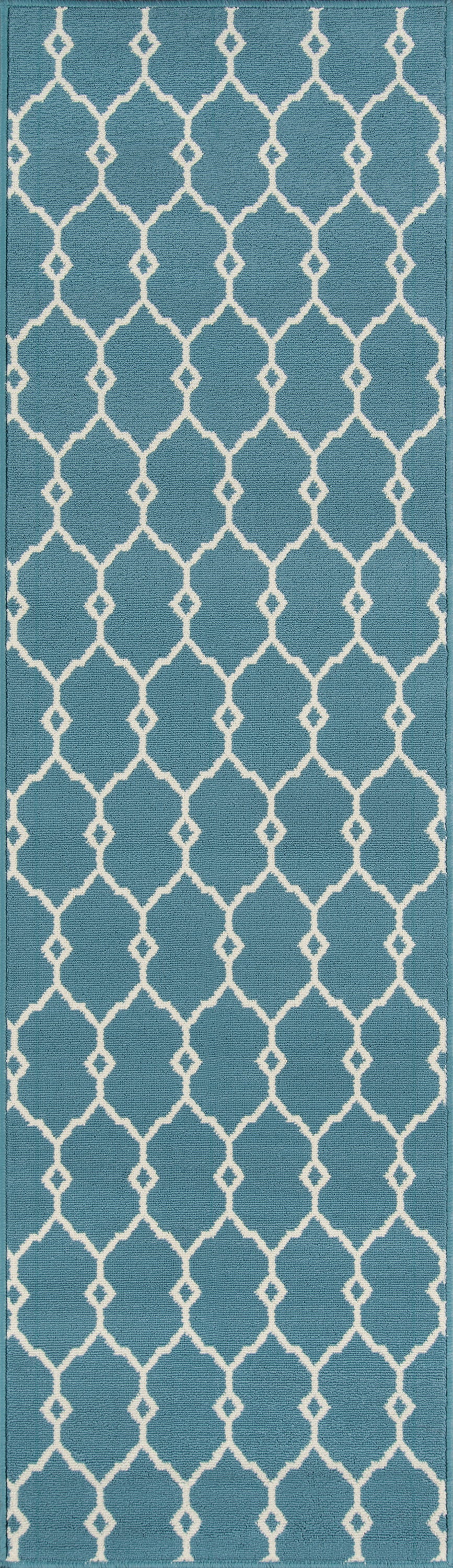 Teal blue fabric with white geometric lattice trellis pattern, decorative textile for upholstery, drapes, or cushions.