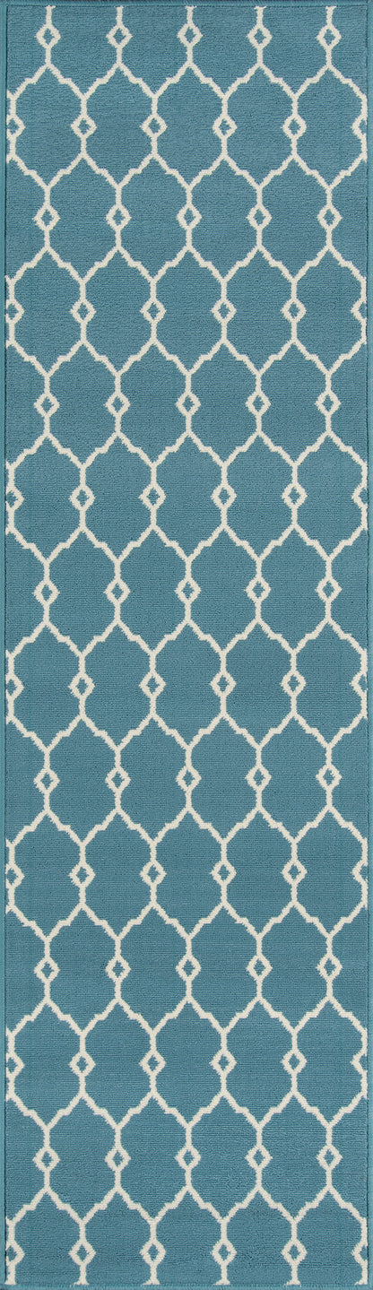 Teal blue fabric with white geometric lattice trellis pattern, decorative textile for upholstery, drapes, or cushions.