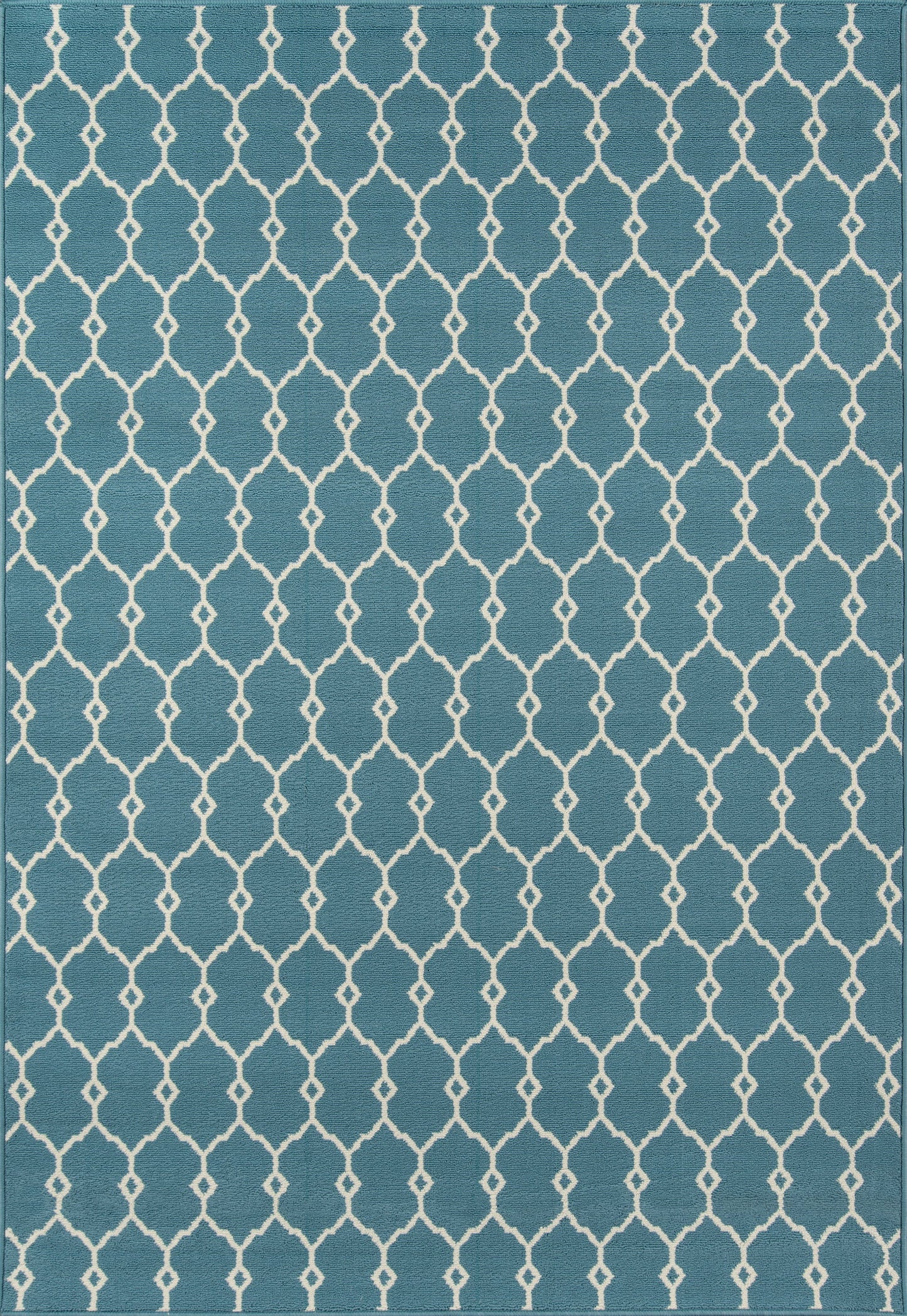 Teal-blue rectangular rug with white trellis lattice pattern; modern geometric decor.