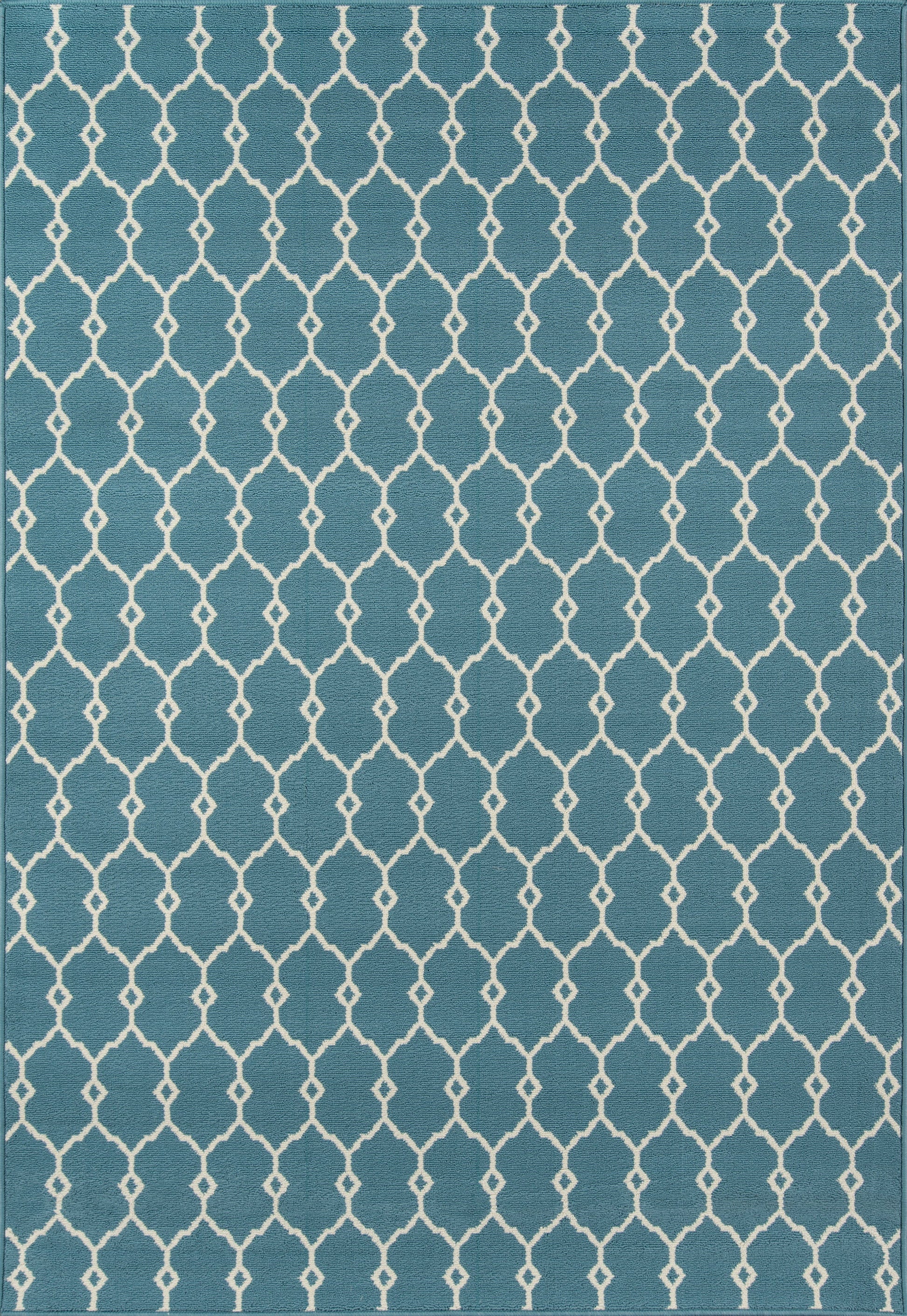 Teal-blue rectangular rug with white trellis lattice pattern; modern geometric decor.