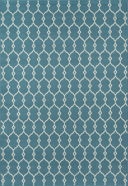 Teal-blue rectangular rug with white trellis lattice pattern; modern geometric decor.