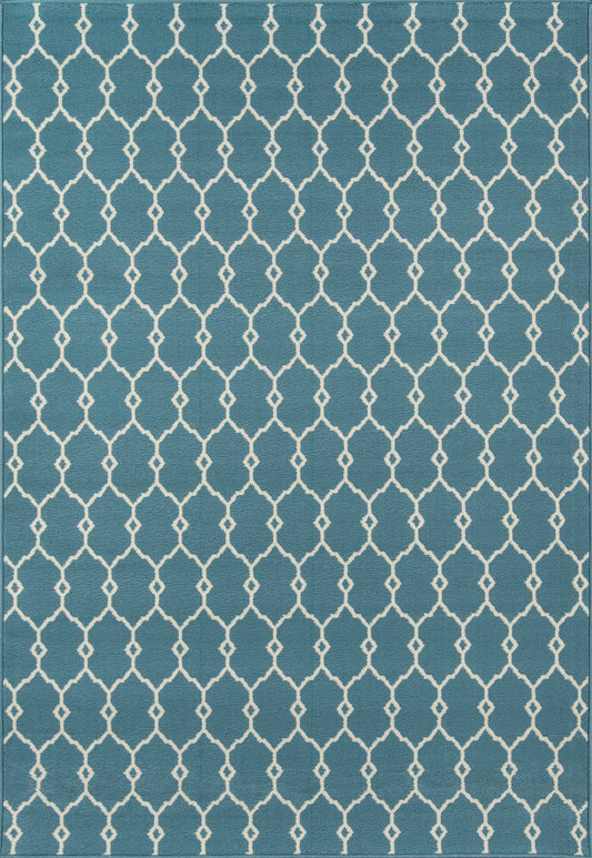 Teal-blue rectangular rug with white trellis lattice pattern; modern geometric decor.