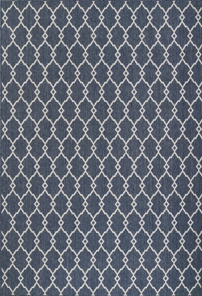 Indigo woven rug with a white lattice diamond trellis pattern for a modern casual look.