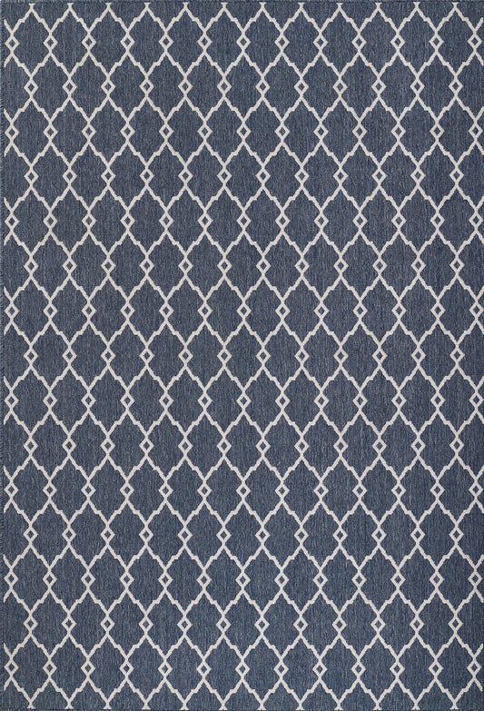 Indigo woven rug with a white lattice diamond trellis pattern for a modern casual look.