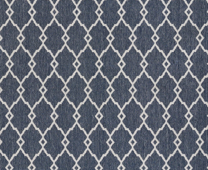 Navy blue rug with a white diamond lattice pattern; woven textile suitable for floors.