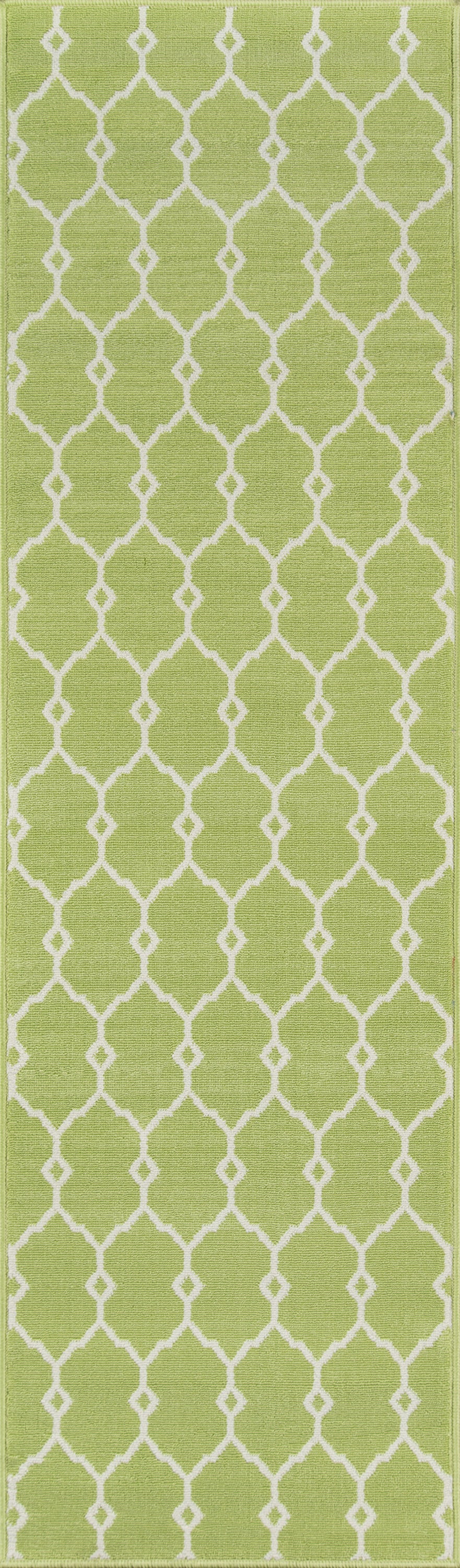 Lime green rug runner with a white Moroccan-style trellis lattice pattern (2' x 8').