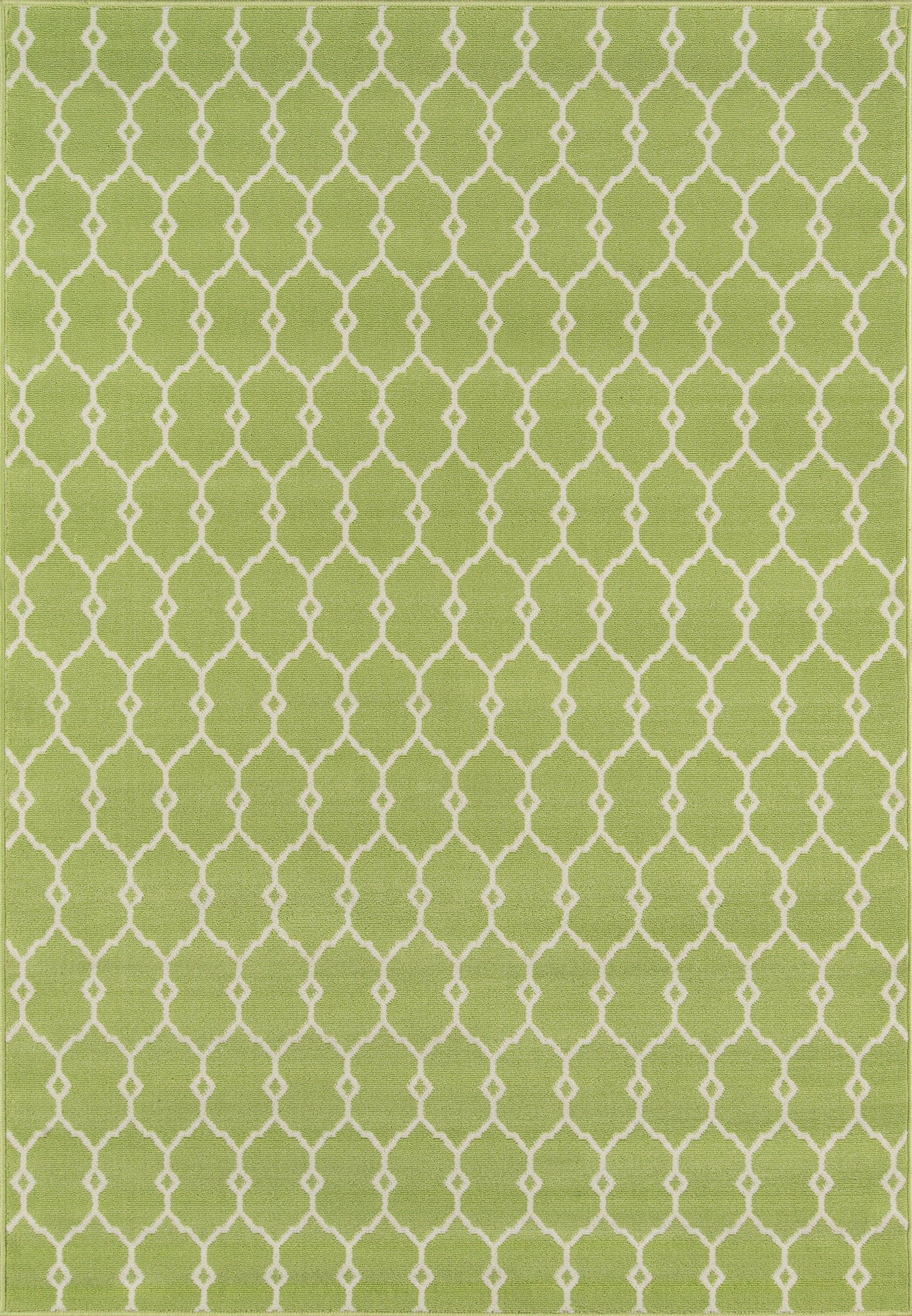 Lime green rug with white trellis lattice pattern; modern, versatile indoor decor.