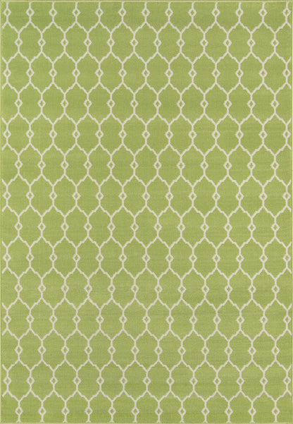 Lime green rug with white trellis lattice pattern; modern, versatile indoor decor.