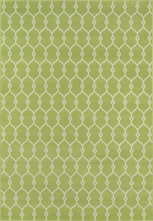 Rectangular lime-green woven rug with white trellis lattice pattern for outdoor patio use.
