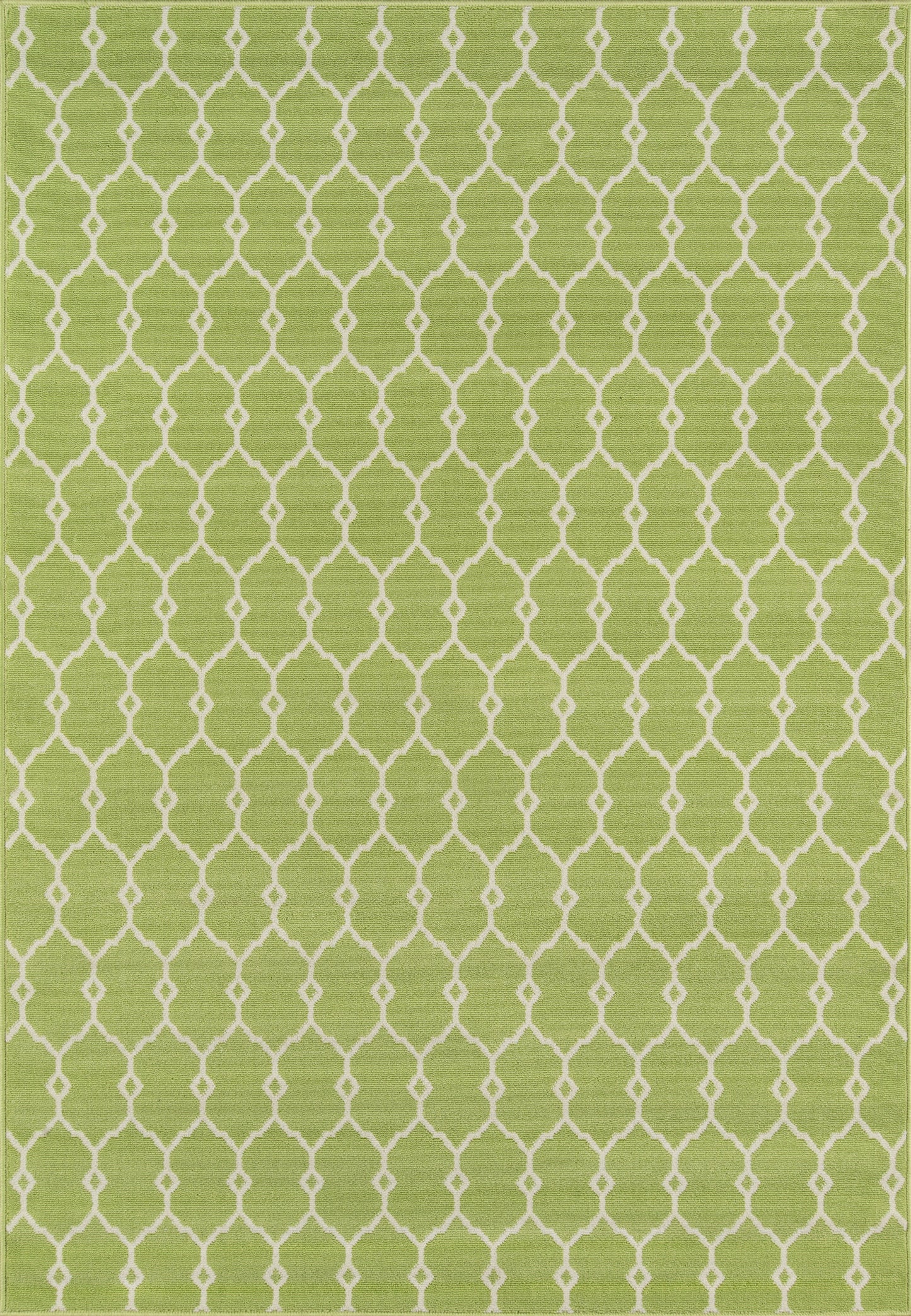 Green woven runner with white lattice trellis pattern; rectangular, modern indoor/outdoor decor.