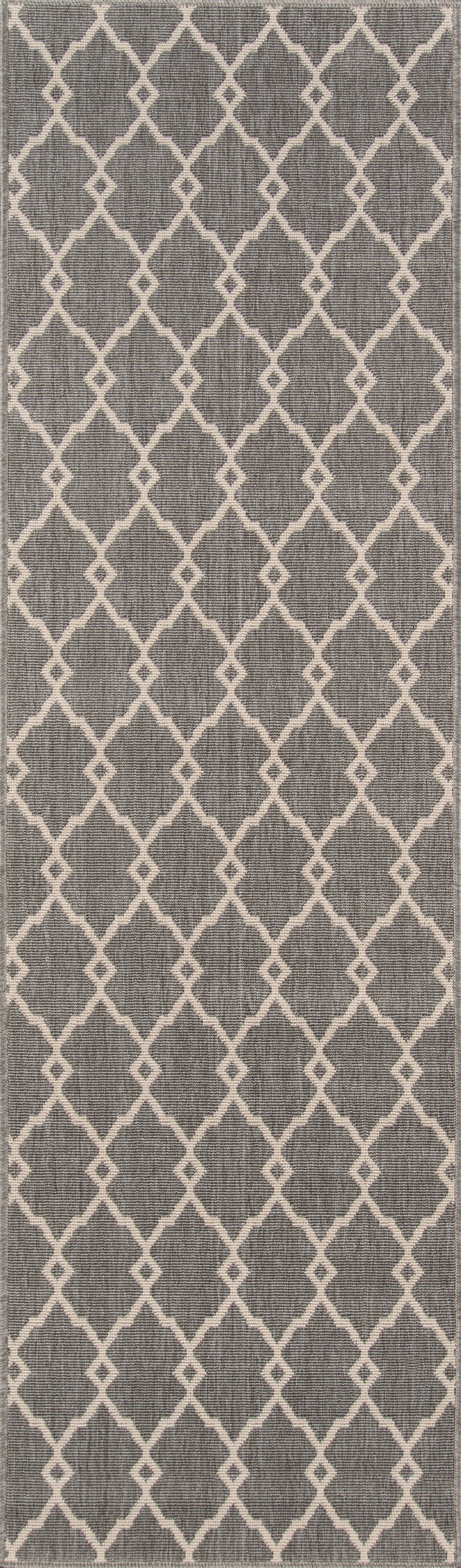 Grey 5' x 8' rug with a white trellis lattice pattern; contemporary Moroccan-inspired design.