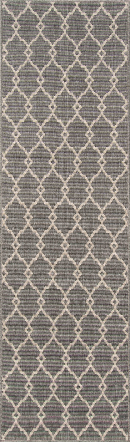 Grey 5' x 8' rug with a white trellis lattice pattern; contemporary Moroccan-inspired design.