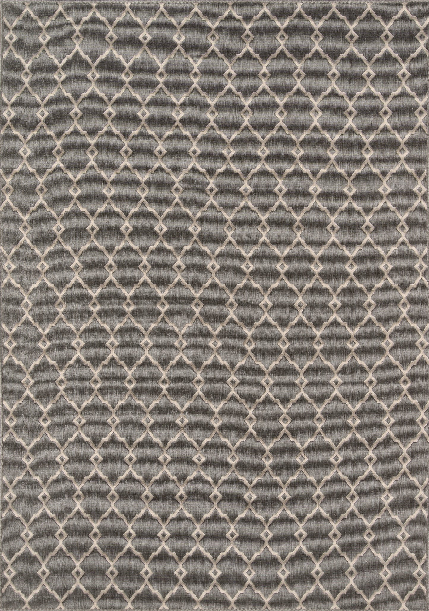 Gray woven rug featuring a white diamond lattice trellis pattern for a modern geometric look.