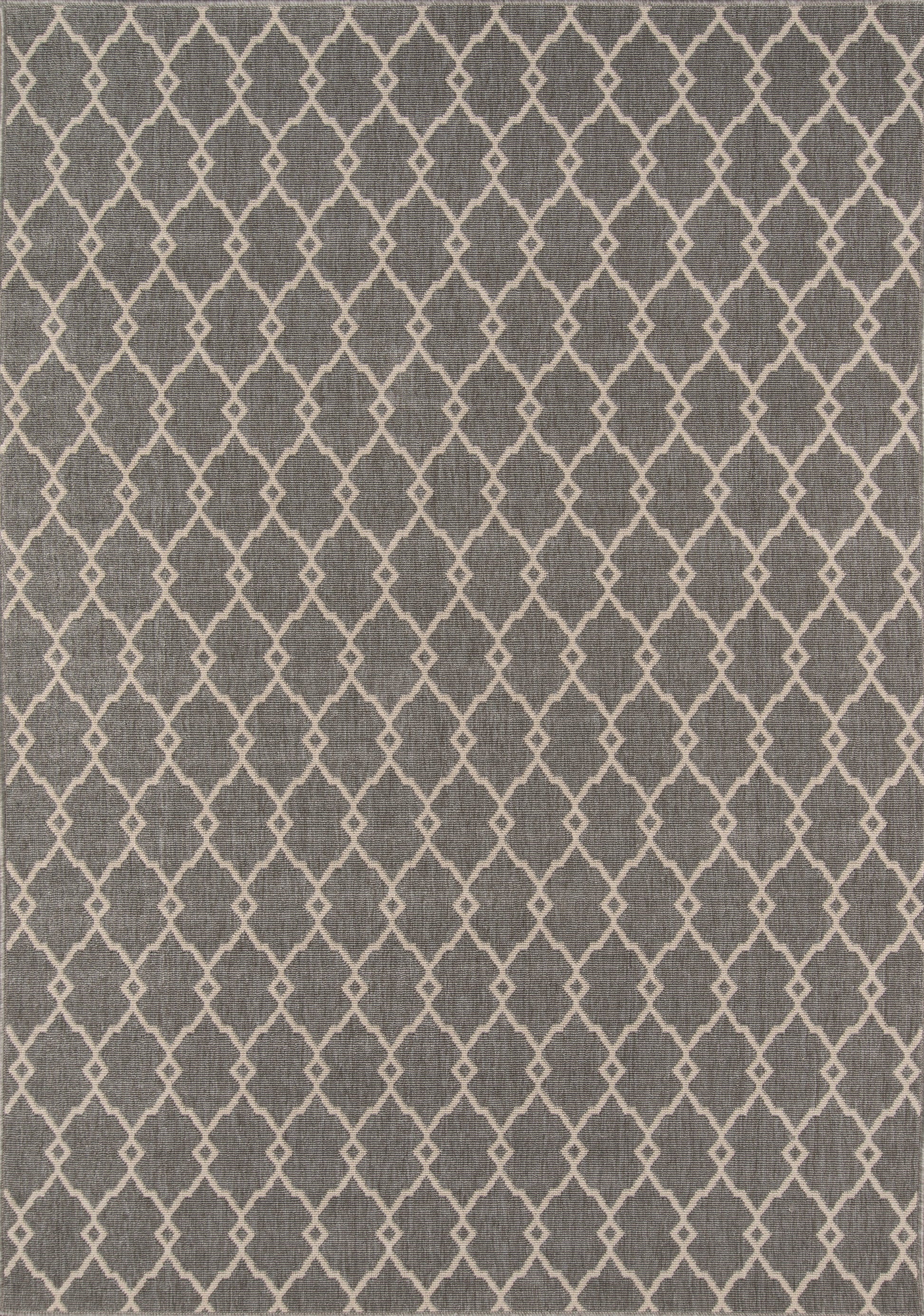 Gray woven rug featuring a white diamond lattice trellis pattern for a modern geometric look.
