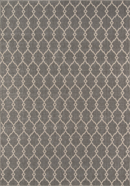Gray woven rug featuring a white diamond lattice trellis pattern for a modern geometric look.
