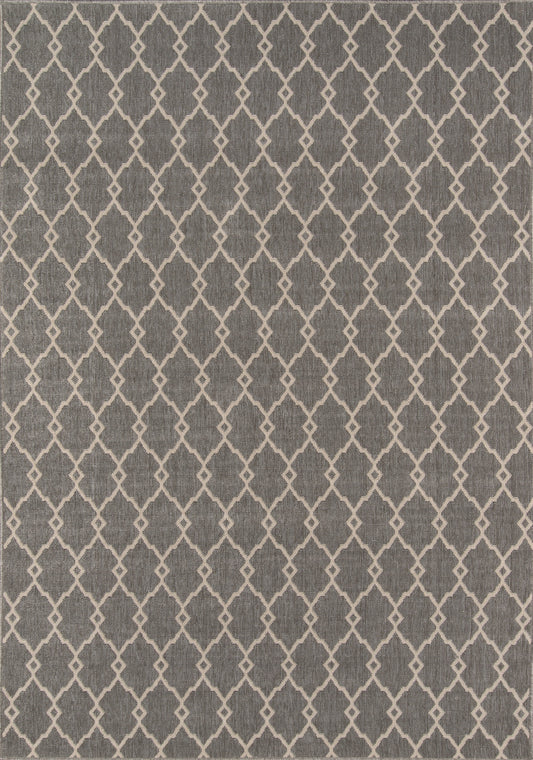 Gray woven rug featuring a white diamond lattice trellis pattern for a modern geometric look.