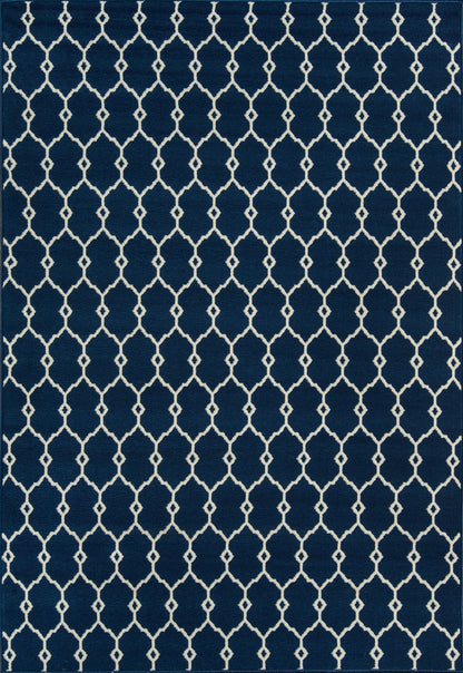 Navy blue rug with white trellis lattice pattern forming diamonds, a modern geometric design.