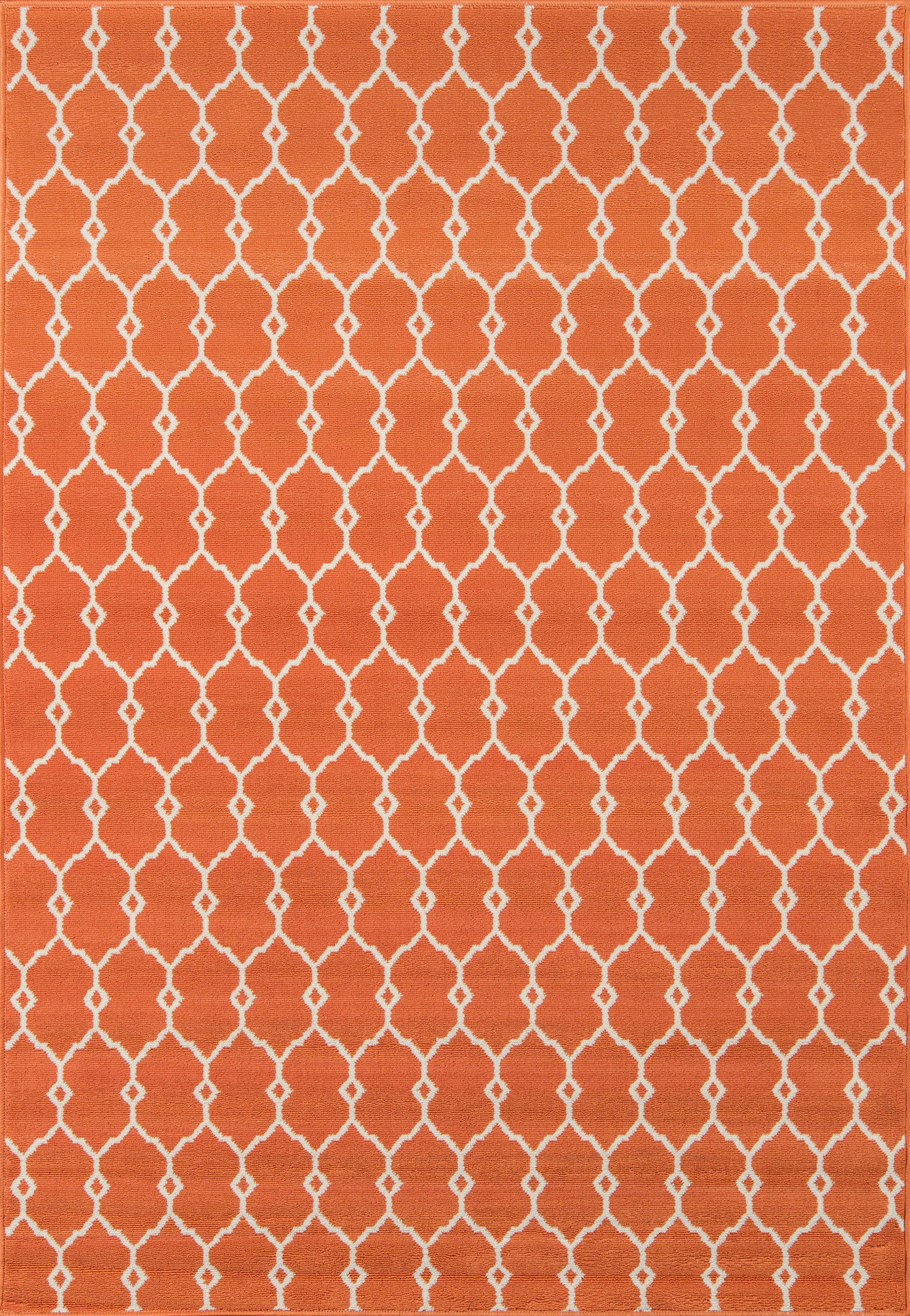 Orange area rug with white trellis lattice pattern, rectangular, modern Moroccan-inspired design.