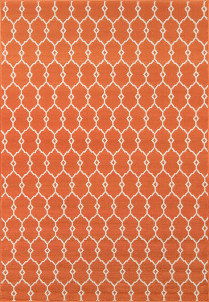 Orange area rug with white trellis lattice pattern, rectangular, modern Moroccan-inspired design.