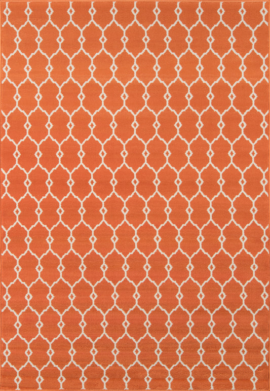 Orange area rug with white trellis lattice pattern, rectangular, modern Moroccan-inspired design.