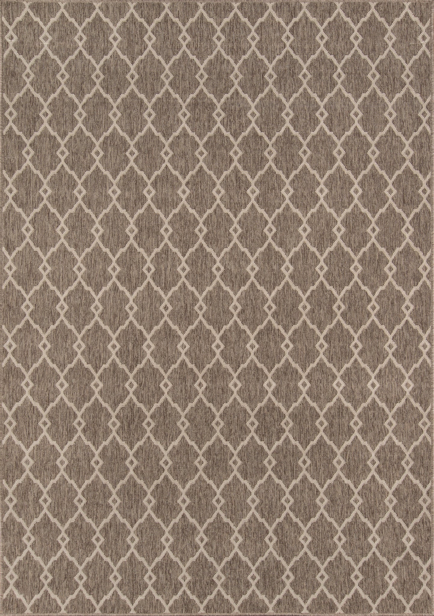 Taupe rug with white lattice diamond trellis pattern; geometric Moroccan-inspired style and softly textured weave.