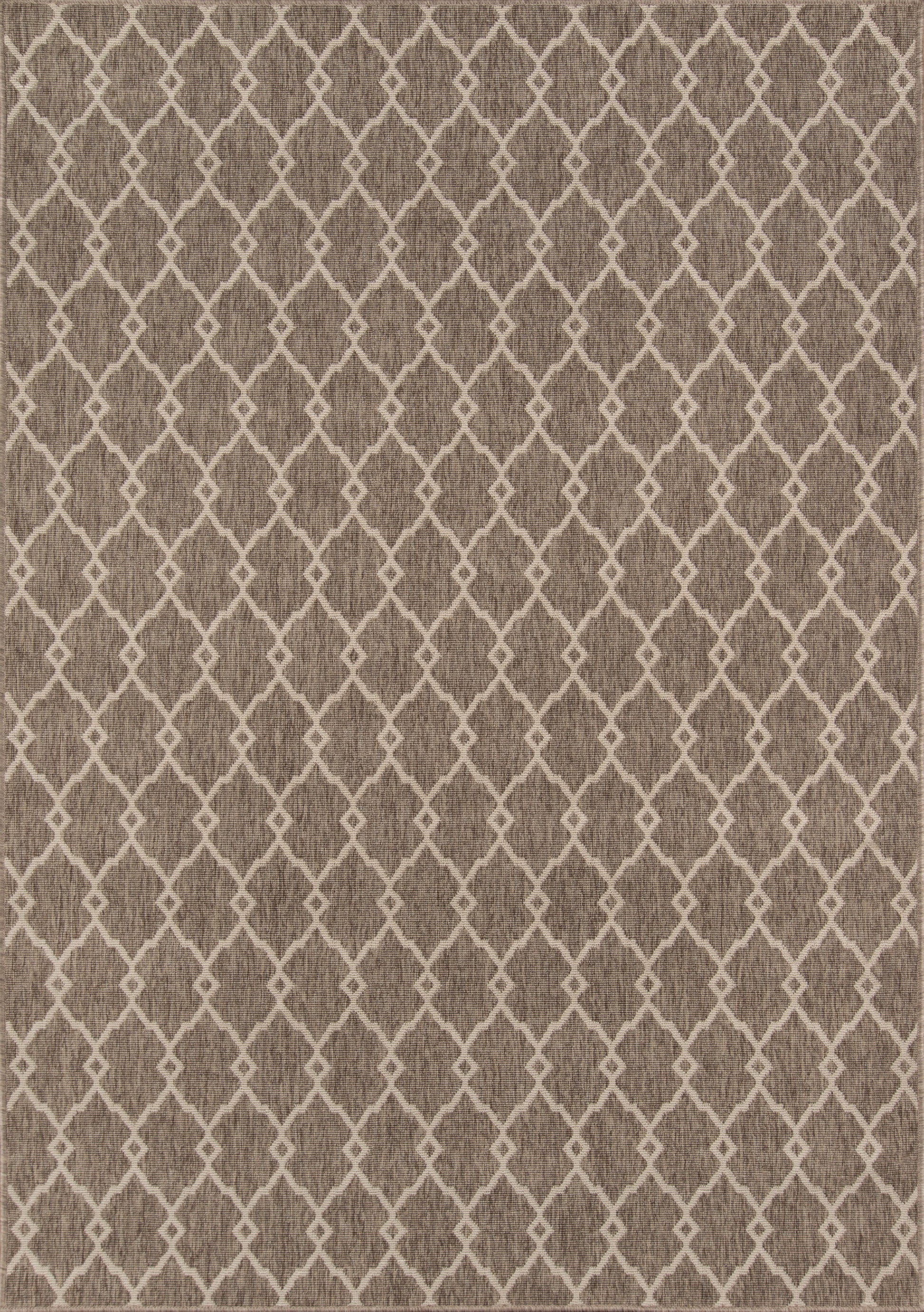 Taupe rug with white lattice diamond trellis pattern; geometric Moroccan-inspired style and softly textured weave.