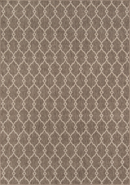 Taupe rug with white lattice diamond trellis pattern; geometric Moroccan-inspired style and softly textured weave.
