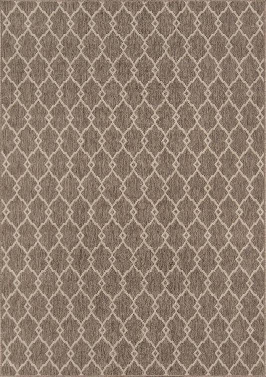 Taupe rug with white lattice diamond trellis pattern; geometric Moroccan-inspired style and softly textured weave.
