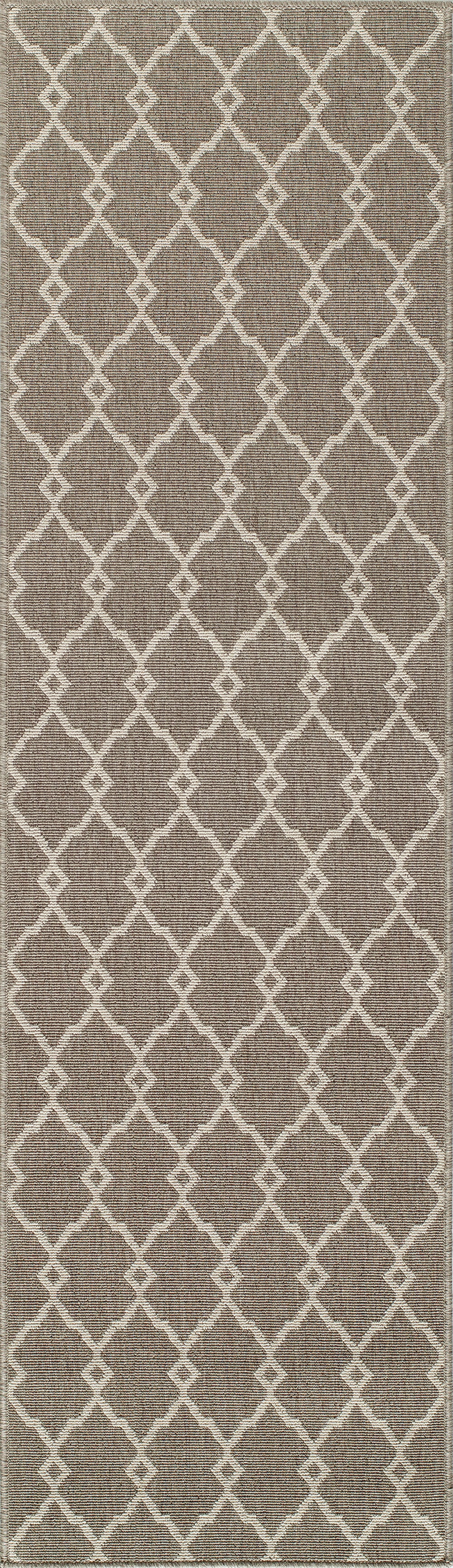 Taupe woven rug runner with cream lattice trellis pattern; geometric contemporary decor for hallway or entryway.