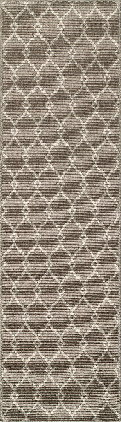 Taupe woven rug runner with cream lattice trellis pattern; geometric contemporary decor for hallway or entryway.