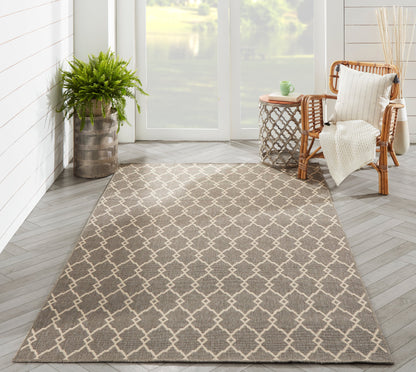 Taupe area rug with a white lattice trellis pattern in a bright sunroom, paired with a wicker chair and potted plant.