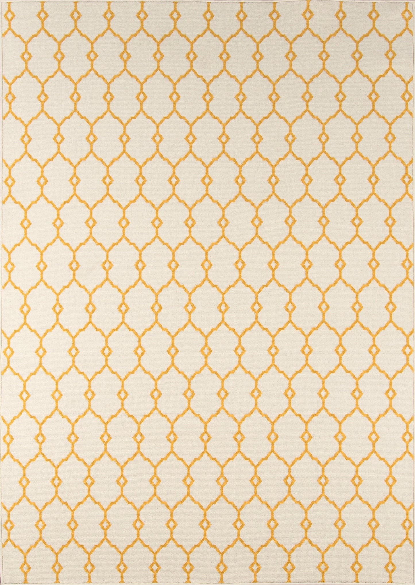 Cream rug with mustard-yellow lattice trellis pattern; Moroccan-inspired geometric design, flat-weave look.