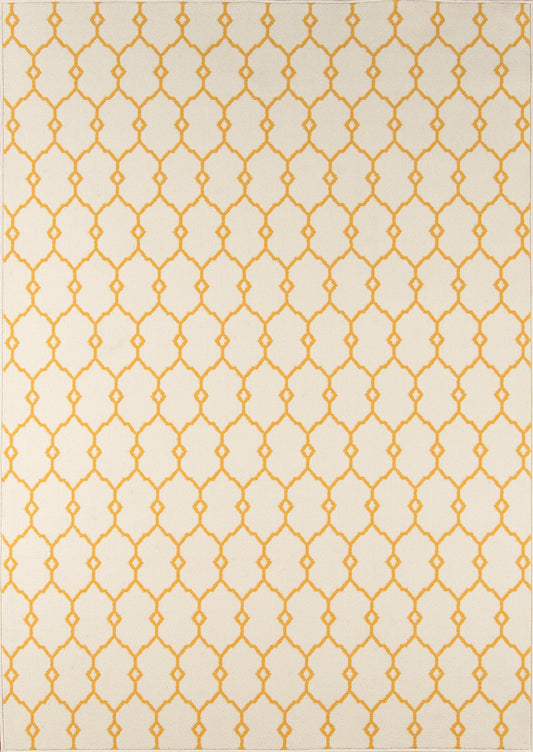 Cream rug with a yellow trellis lattice pattern; modern Moroccan-inspired geometric design, ideal as an area rug.